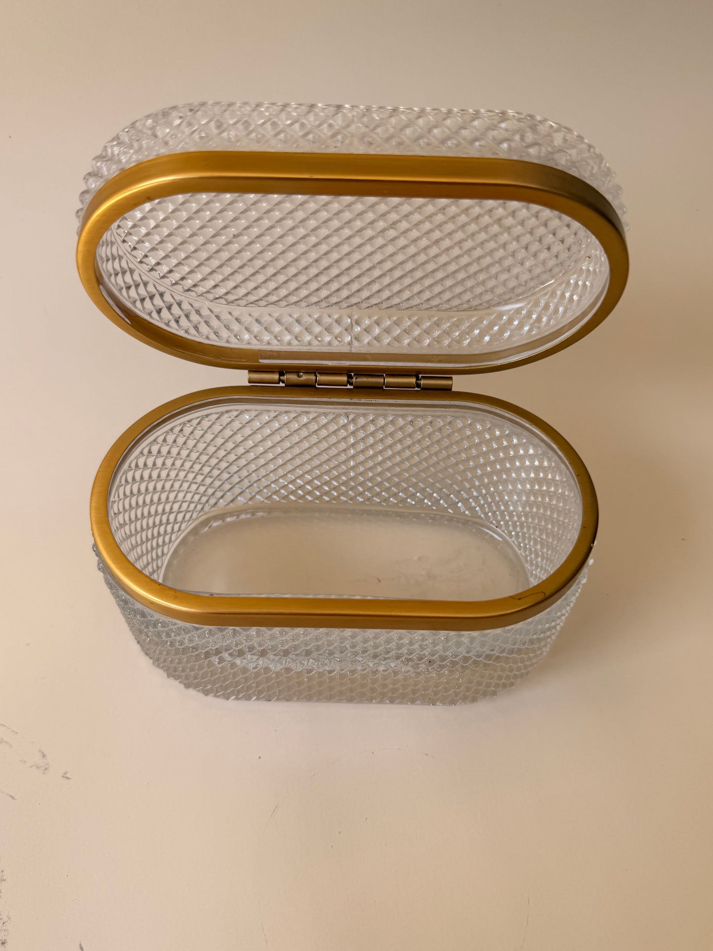 Diamond-Cut Crystal Box with Brass Hinged Lid