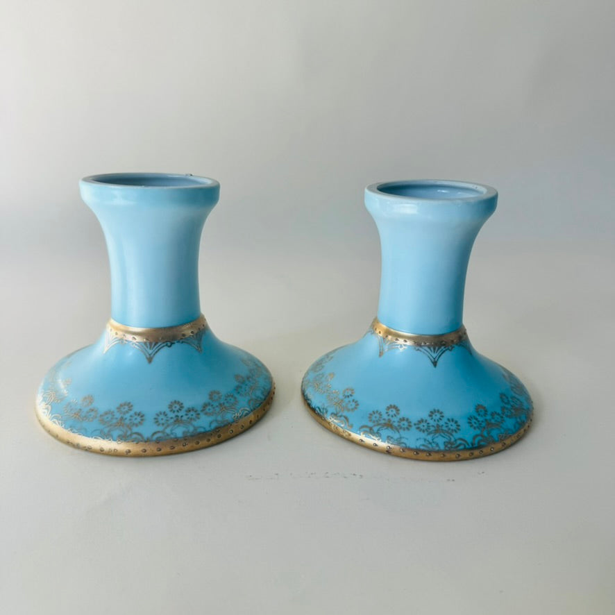 Antique Vienna-Style Blue & Gold Porcelain Candlestick Pair
