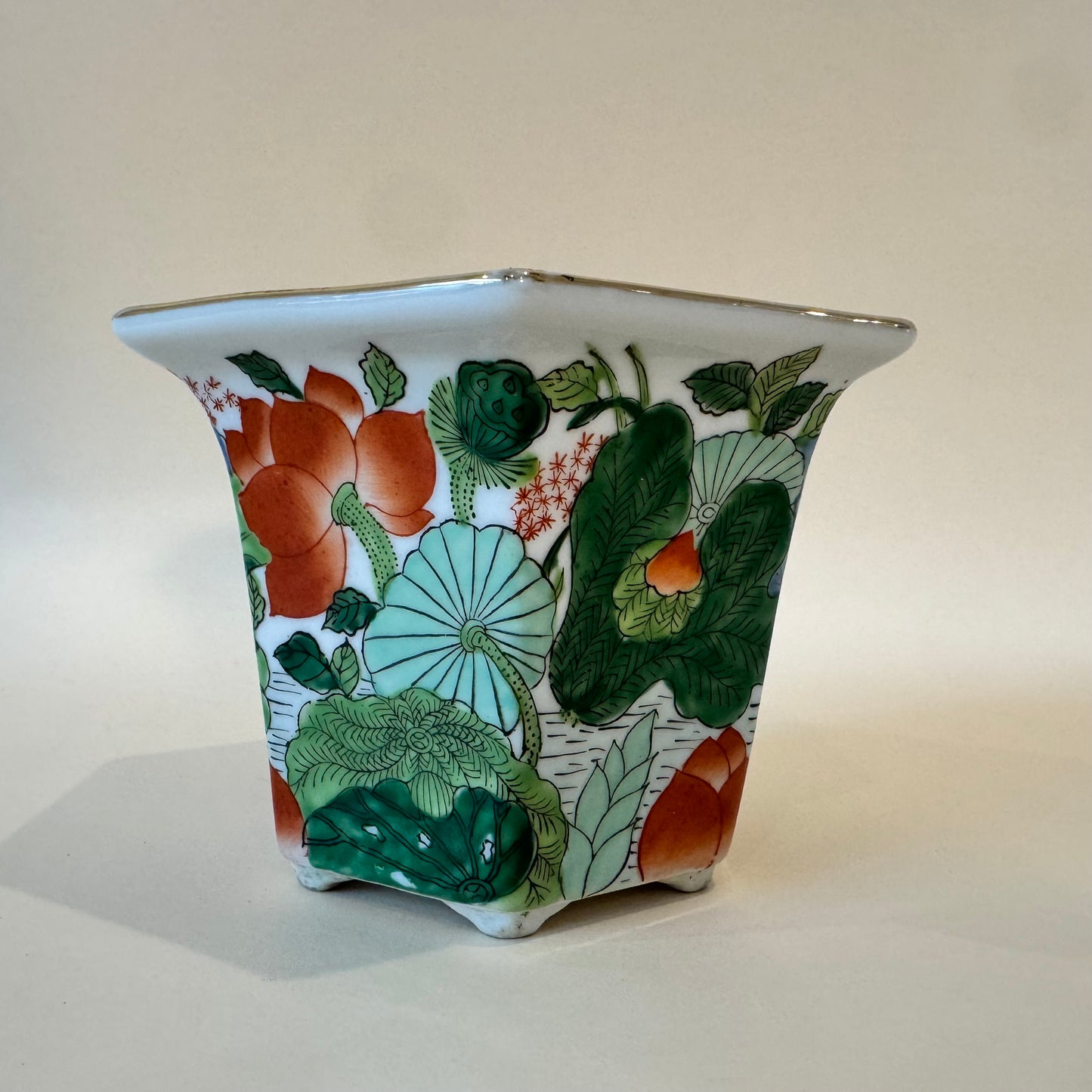 Vintage Lotus Porcelain Planter – Hand-Painted Chinoiserie Floral (6″ × 4.5″)