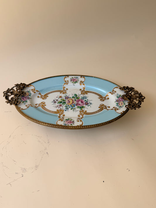 Vintage Limoges Porcelain Footed Dish with Ornate Brass Mount