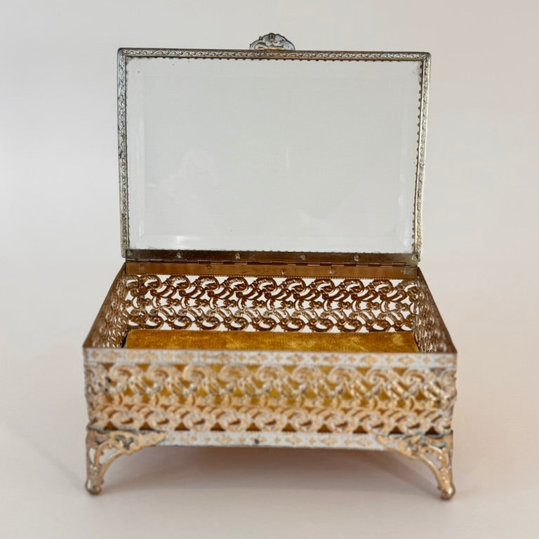 Filigree Brass & Beveled-Glass Jewelry Casket with Yellow Velvet Lining