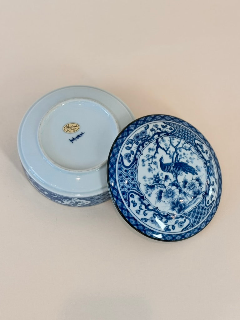Vintage Andrea by Sadek Porcelain Blue & White Peacock Lidded Dish