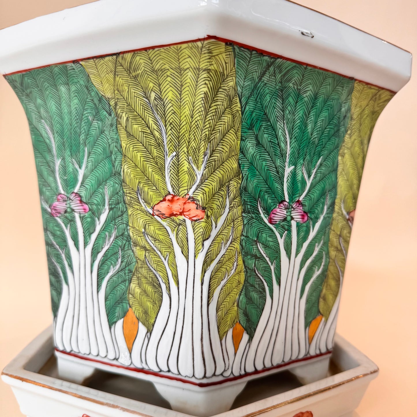 Bok Choy Porcelain Planter Japan Decorated in Hong Kong w/ Drip Tray 9x10