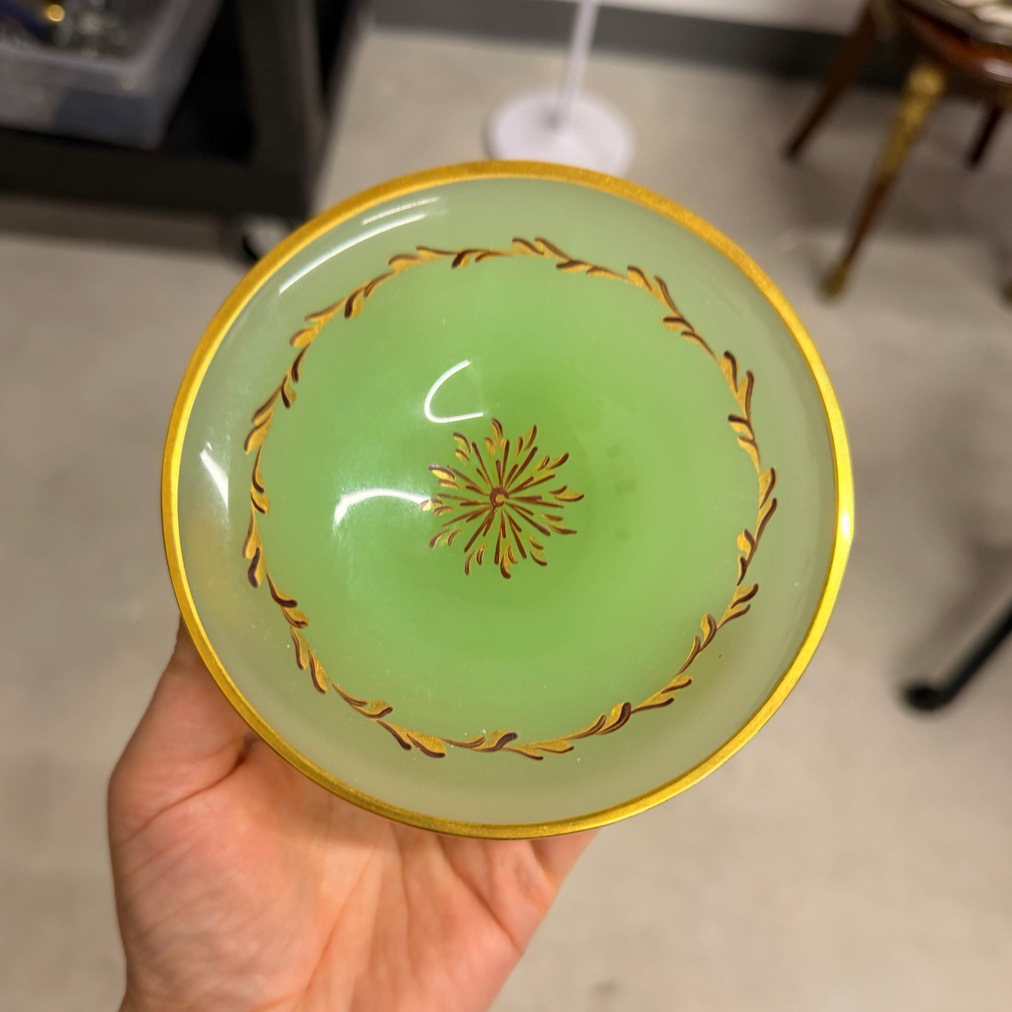 French Green Opaline Glass Dish w/ Hand-painted Design