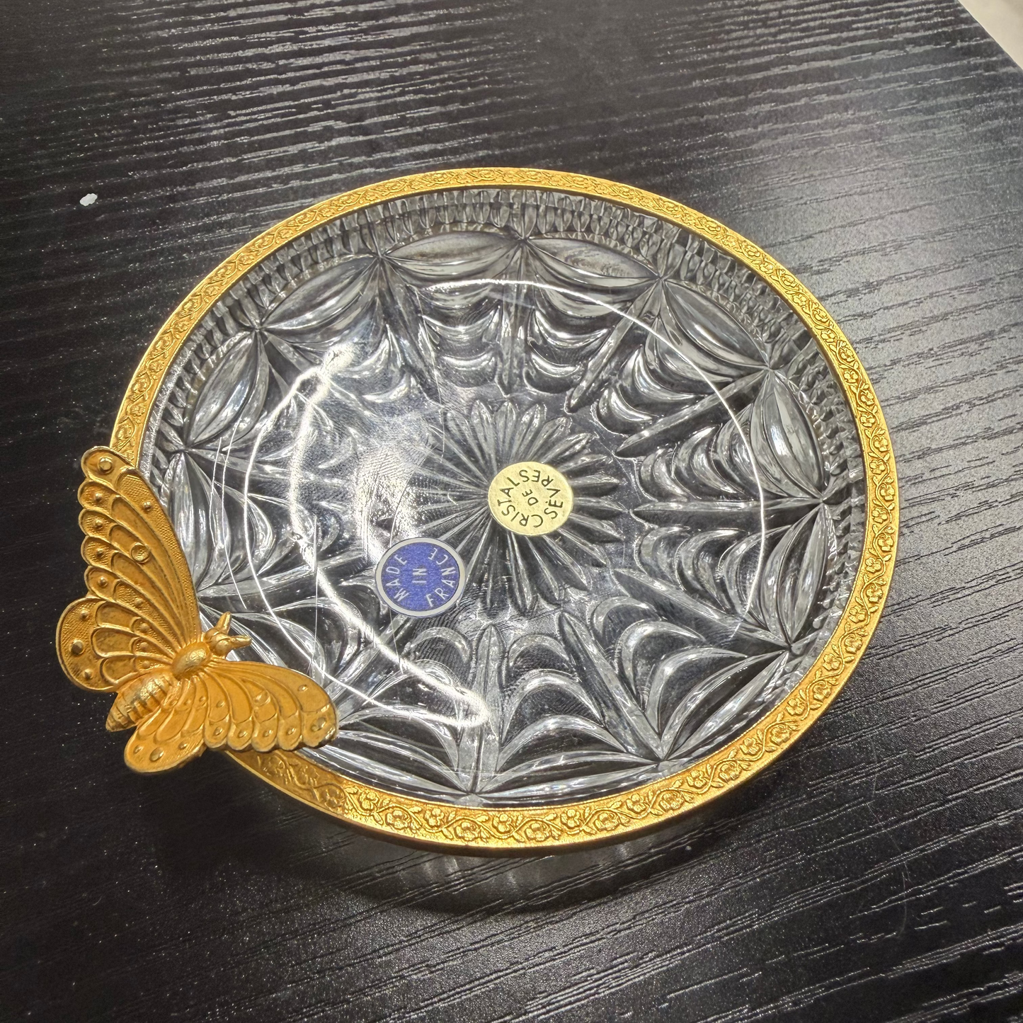Cristal de Sèvres French Cut Crystal Dish w/ Butterfly Accent