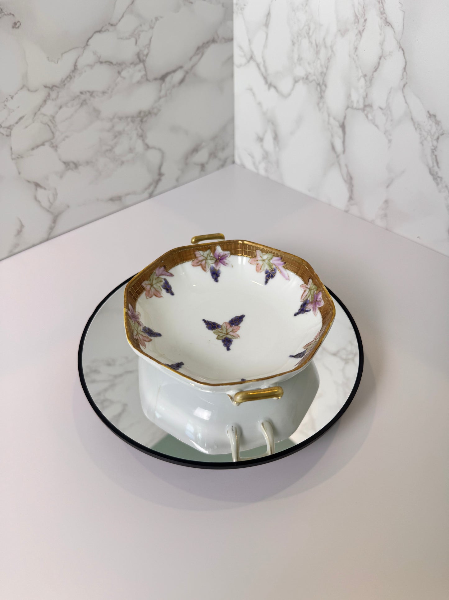 Antique Nippon Hand-Painted Dish | Grape & Leaf Motif | Open Handles | Gold Trim | Maple Leaf Mark