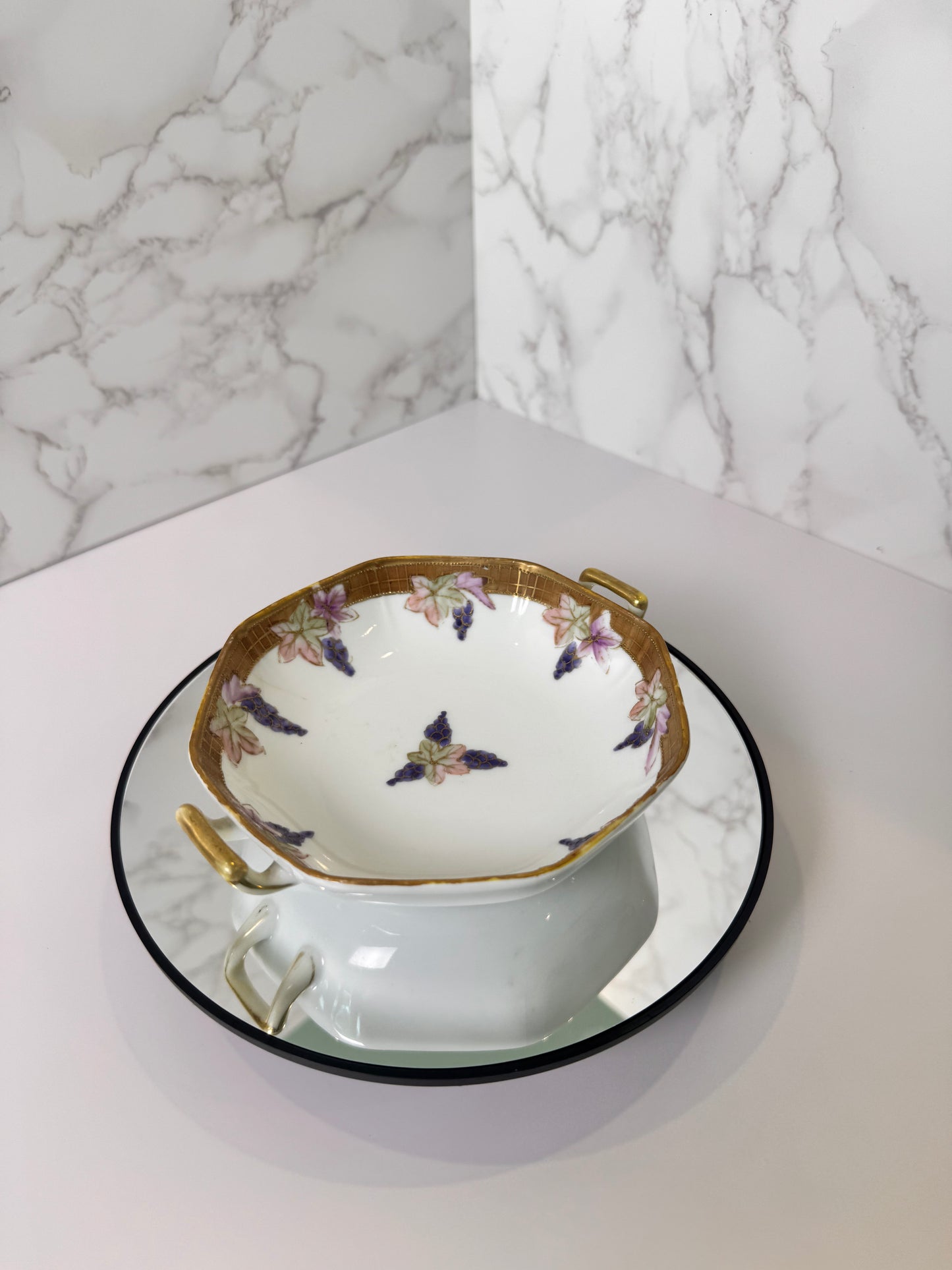 Antique Nippon Hand-Painted Dish | Grape & Leaf Motif | Open Handles | Gold Trim | Maple Leaf Mark