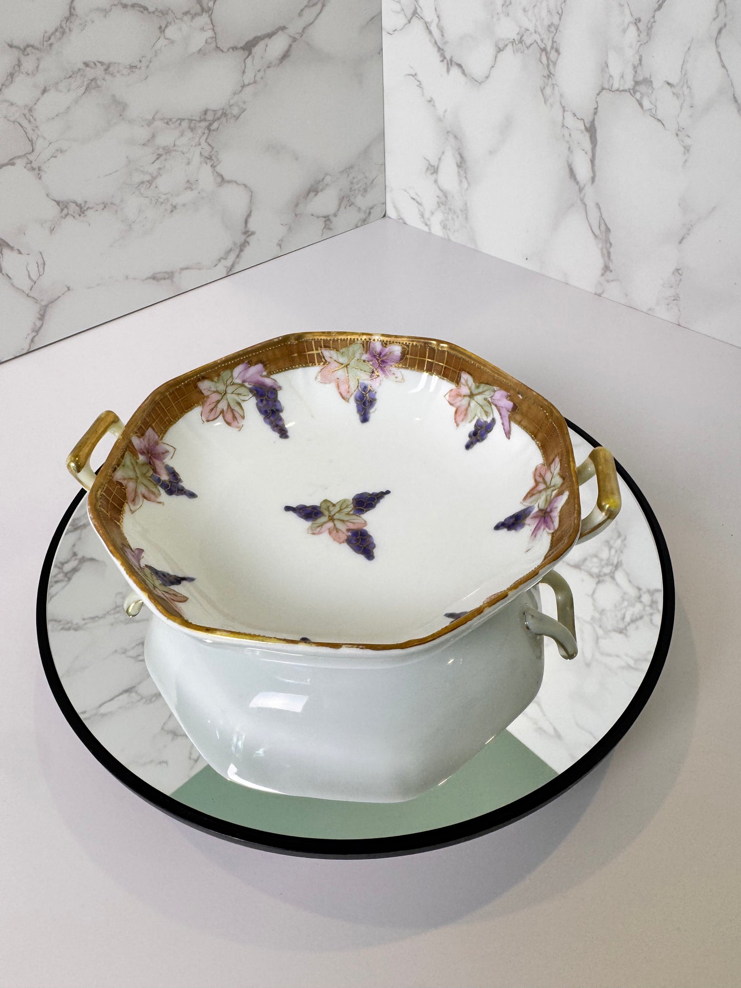 Antique Nippon Hand-Painted Dish | Grape & Leaf Motif | Open Handles | Gold Trim | Maple Leaf Mark
