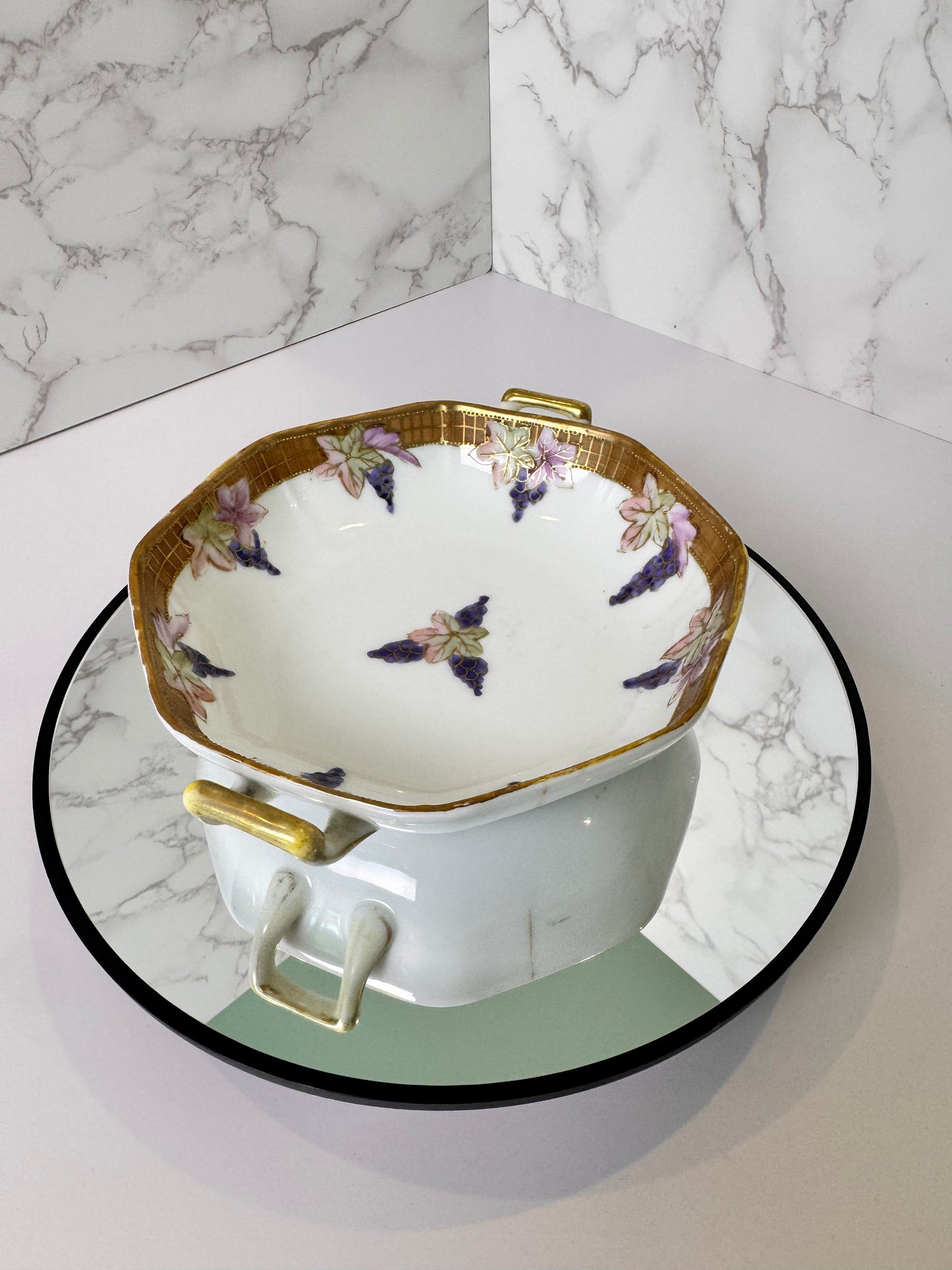 Antique Nippon Hand-Painted Dish | Grape & Leaf Motif | Open Handles | Gold Trim | Maple Leaf Mark