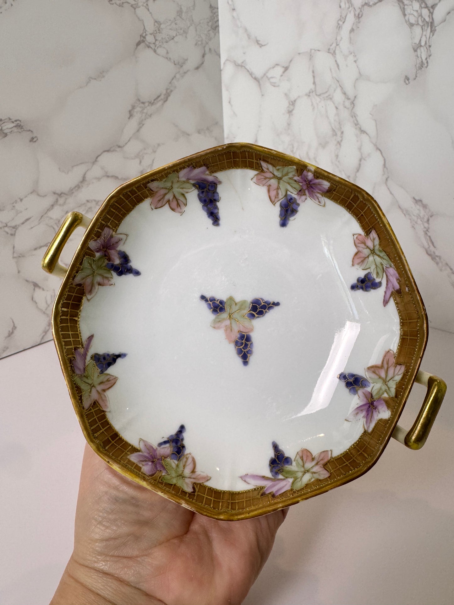 Antique Nippon Hand-Painted Dish | Grape & Leaf Motif | Open Handles | Gold Trim | Maple Leaf Mark