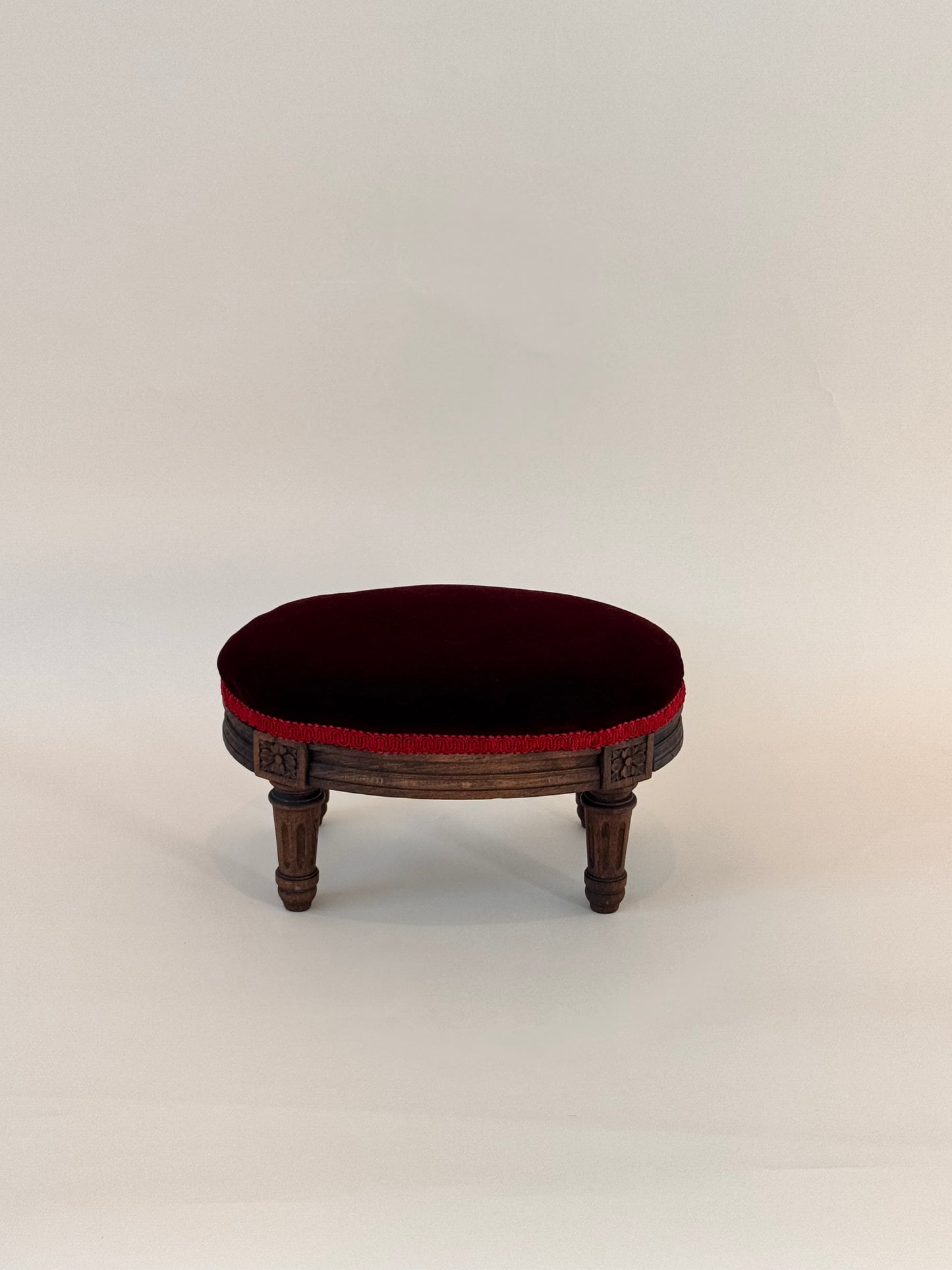 Antique Victorian Carved Wood Footstool with Garnet Velvet Upholstery – 12"