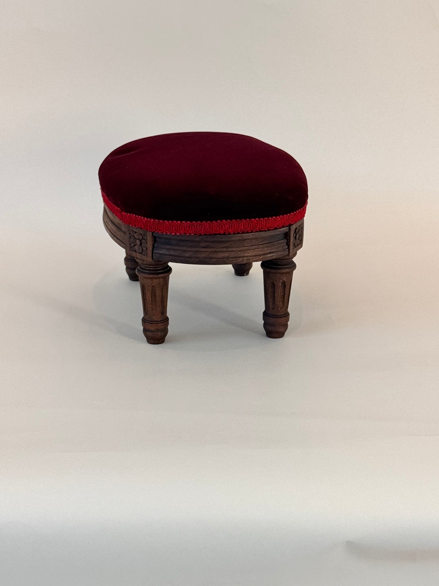 Antique Victorian Carved Wood Footstool with Garnet Velvet Upholstery – 12"
