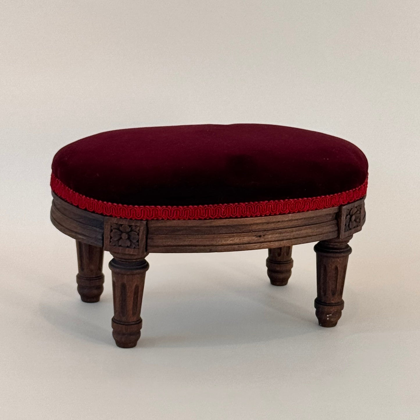 Antique Victorian Carved Wood Footstool with Garnet Velvet Upholstery – 12"