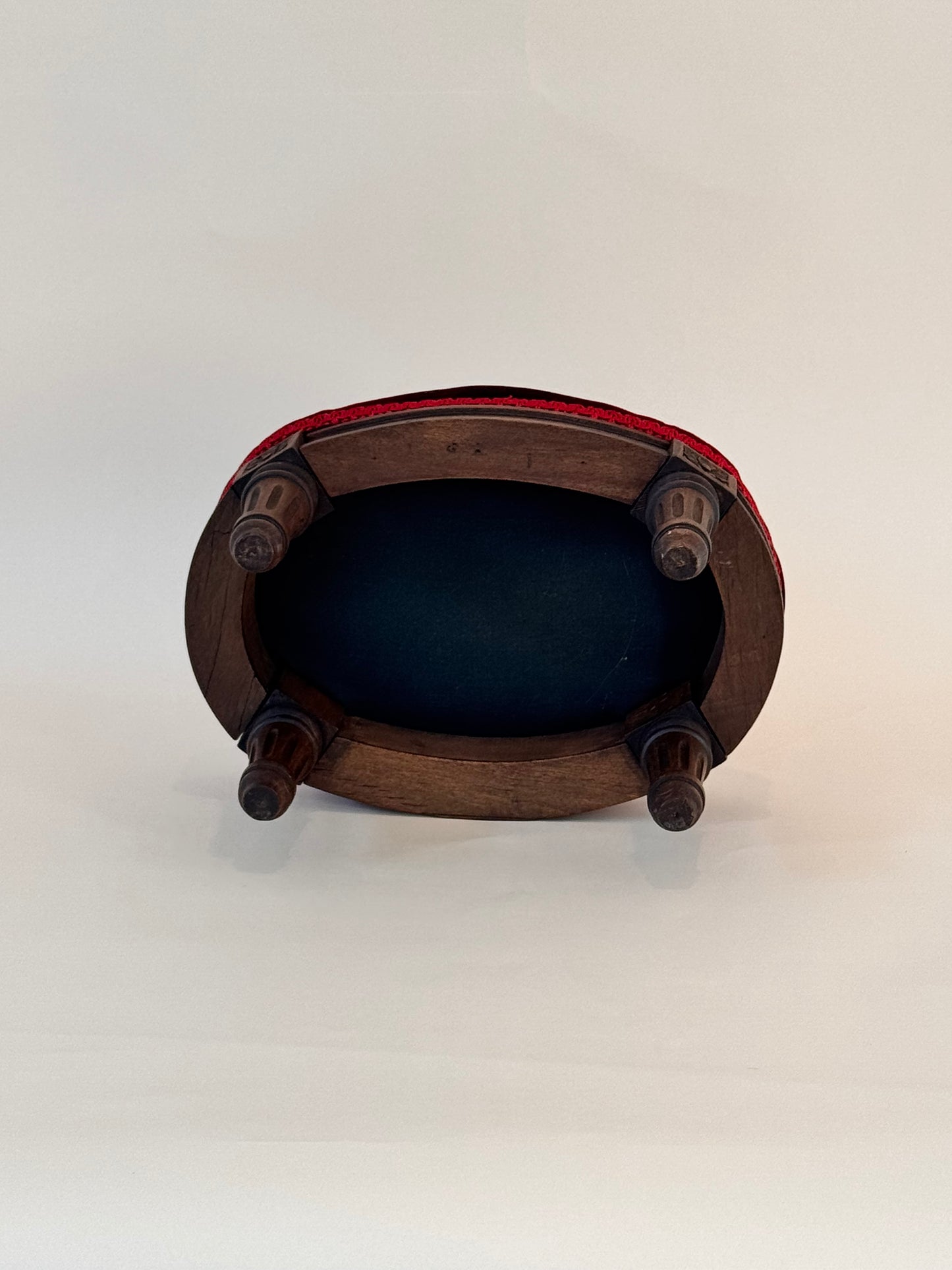 Antique Victorian Carved Wood Footstool with Garnet Velvet Upholstery – 12"