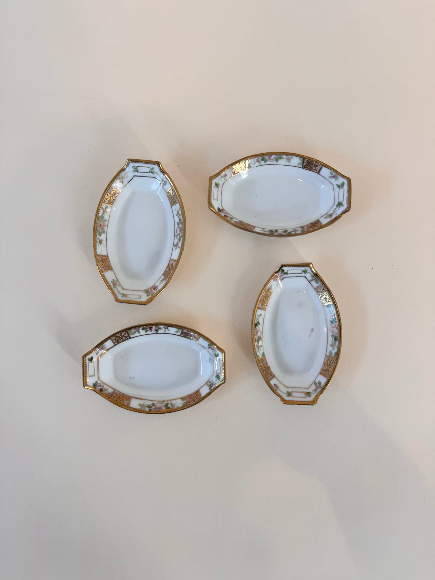 Antique Nippon Hand-Painted Porcelain Salt Cellars, Set of 4 – Floral & Gold