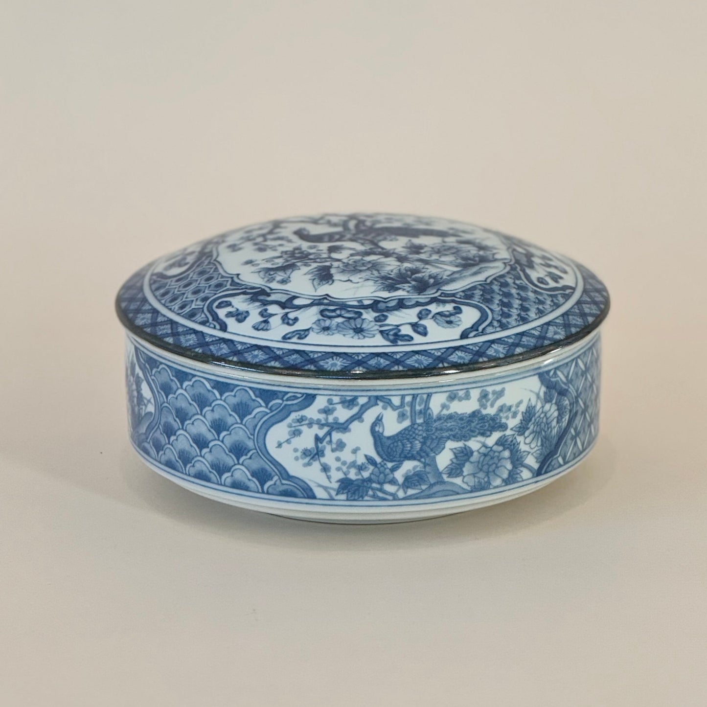 Vintage Andrea by Sadek Porcelain Blue & White Peacock Lidded Dish