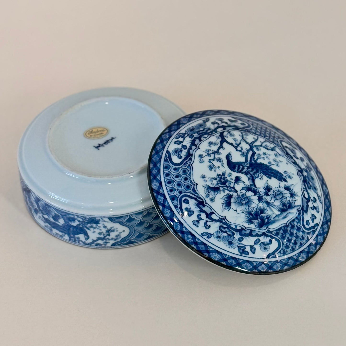 Vintage Andrea by Sadek Porcelain Blue & White Peacock Lidded Dish