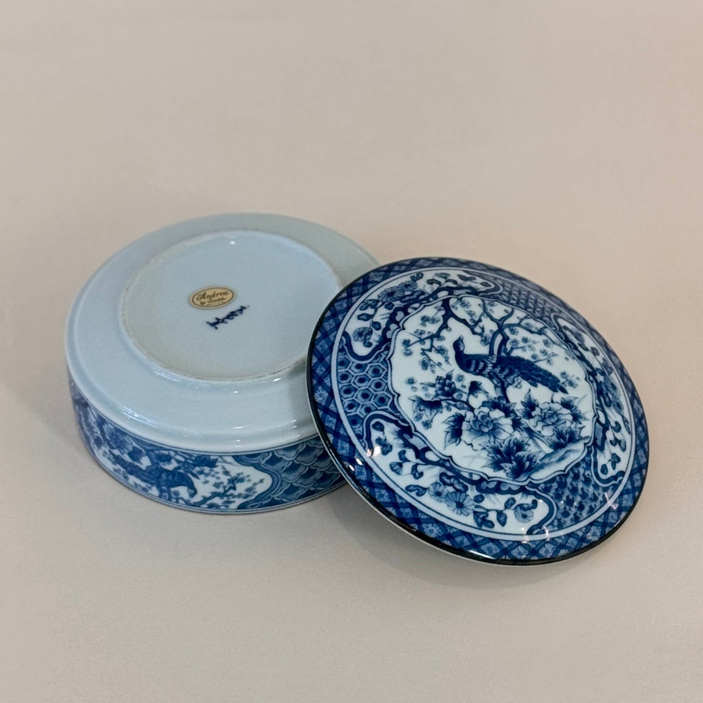 Vintage Andrea by Sadek Porcelain Blue & White Peacock Lidded Dish