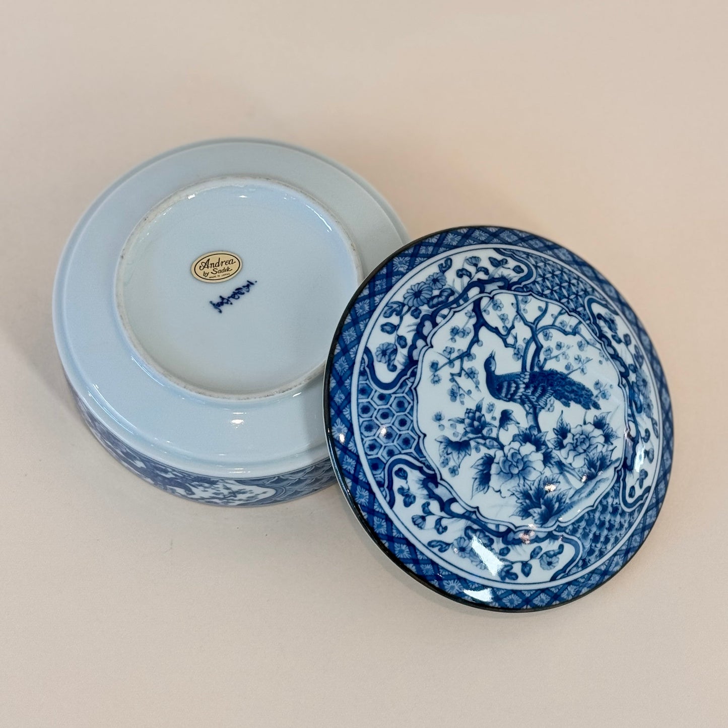 Vintage Andrea by Sadek Porcelain Blue & White Peacock Lidded Dish