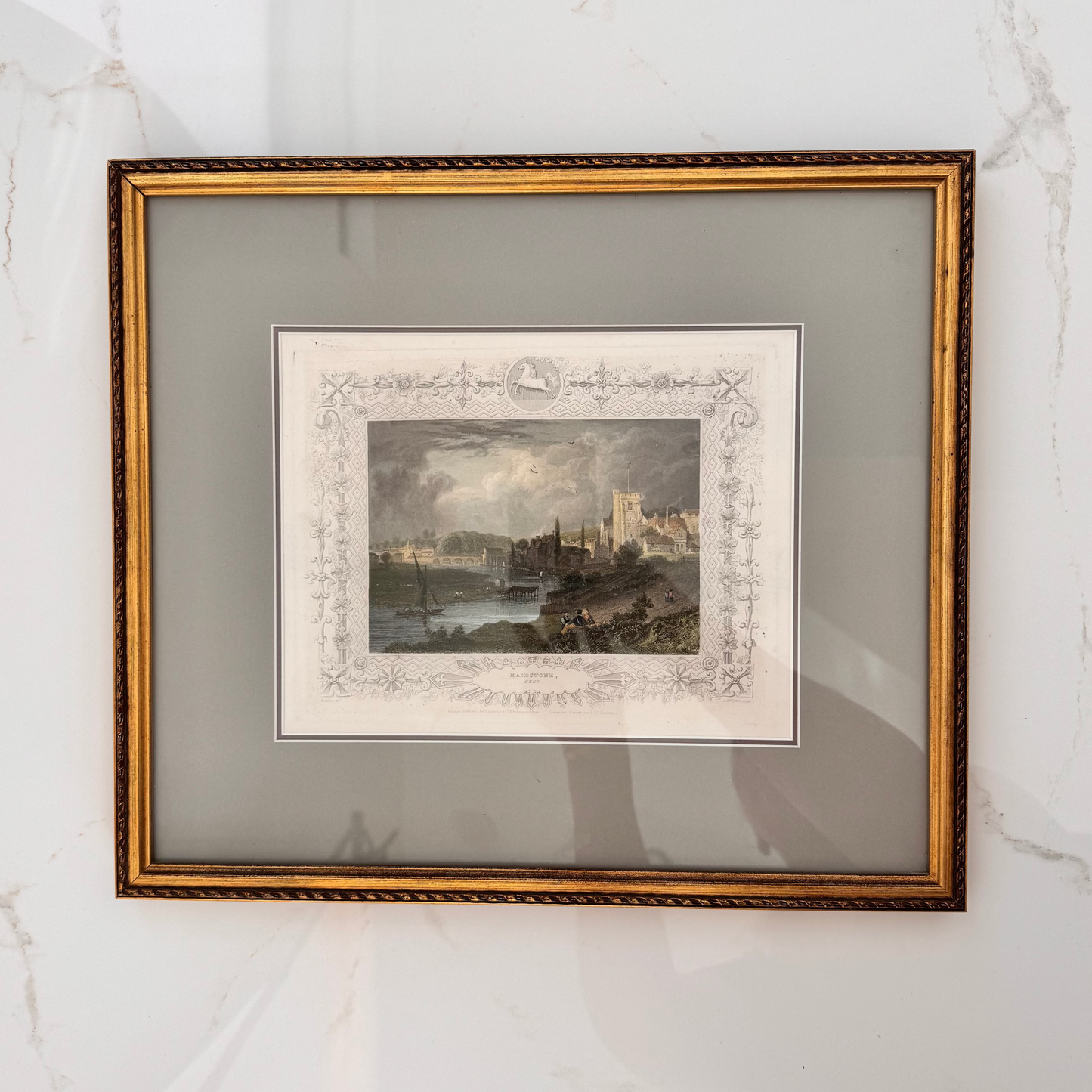 Antique Hand-Coloured Engraving of Maidstone, Kent with Unicorn Crest – Framed, c. 1890
