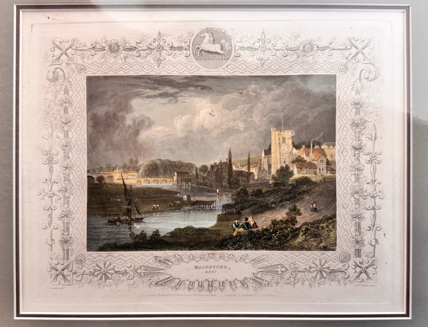 Antique Hand-Coloured Engraving of Maidstone, Kent with Unicorn Crest – Framed, c. 1890