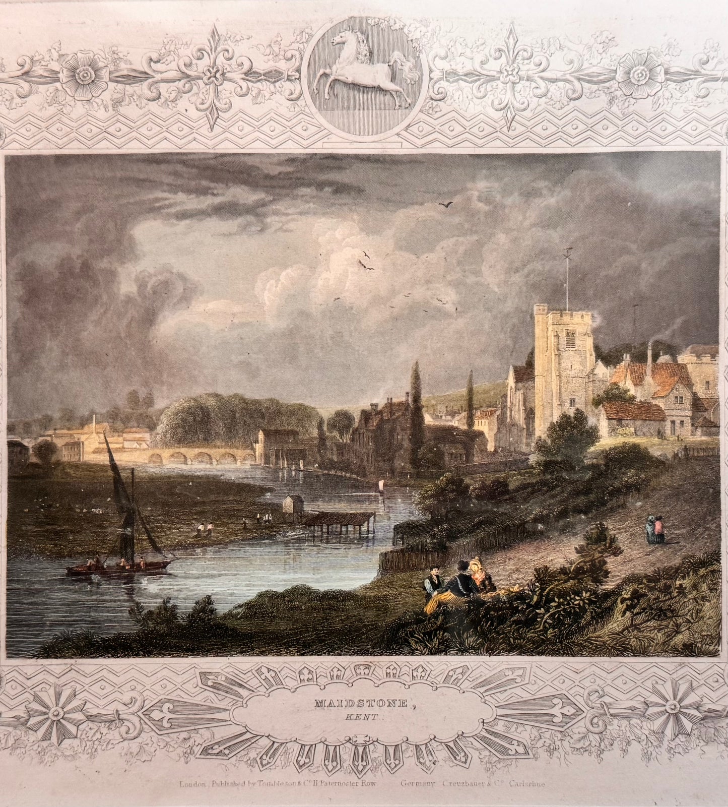 Antique Hand-Coloured Engraving of Maidstone, Kent with Unicorn Crest – Framed, c. 1890