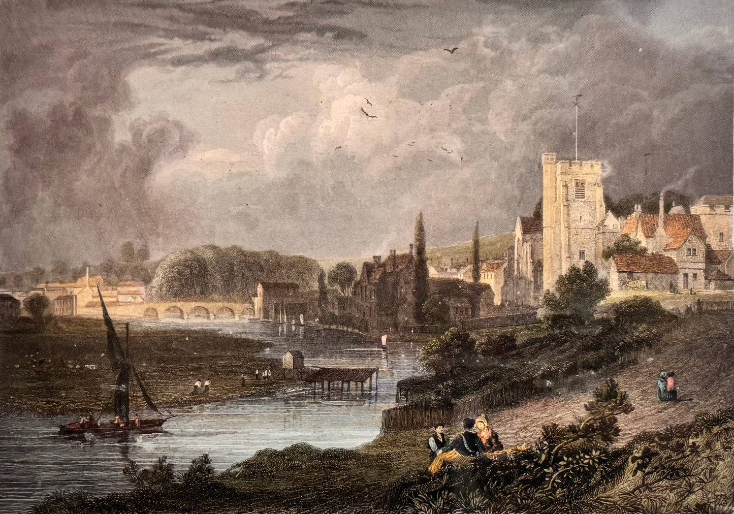 Antique Hand-Coloured Engraving of Maidstone, Kent with Unicorn Crest – Framed, c. 1890