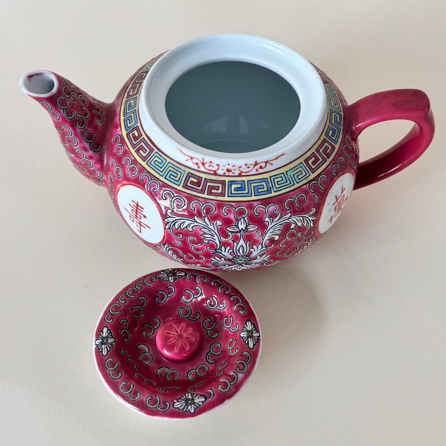Vintage Wan Shou Wu Jiang Red Chinese Longevity Teapot