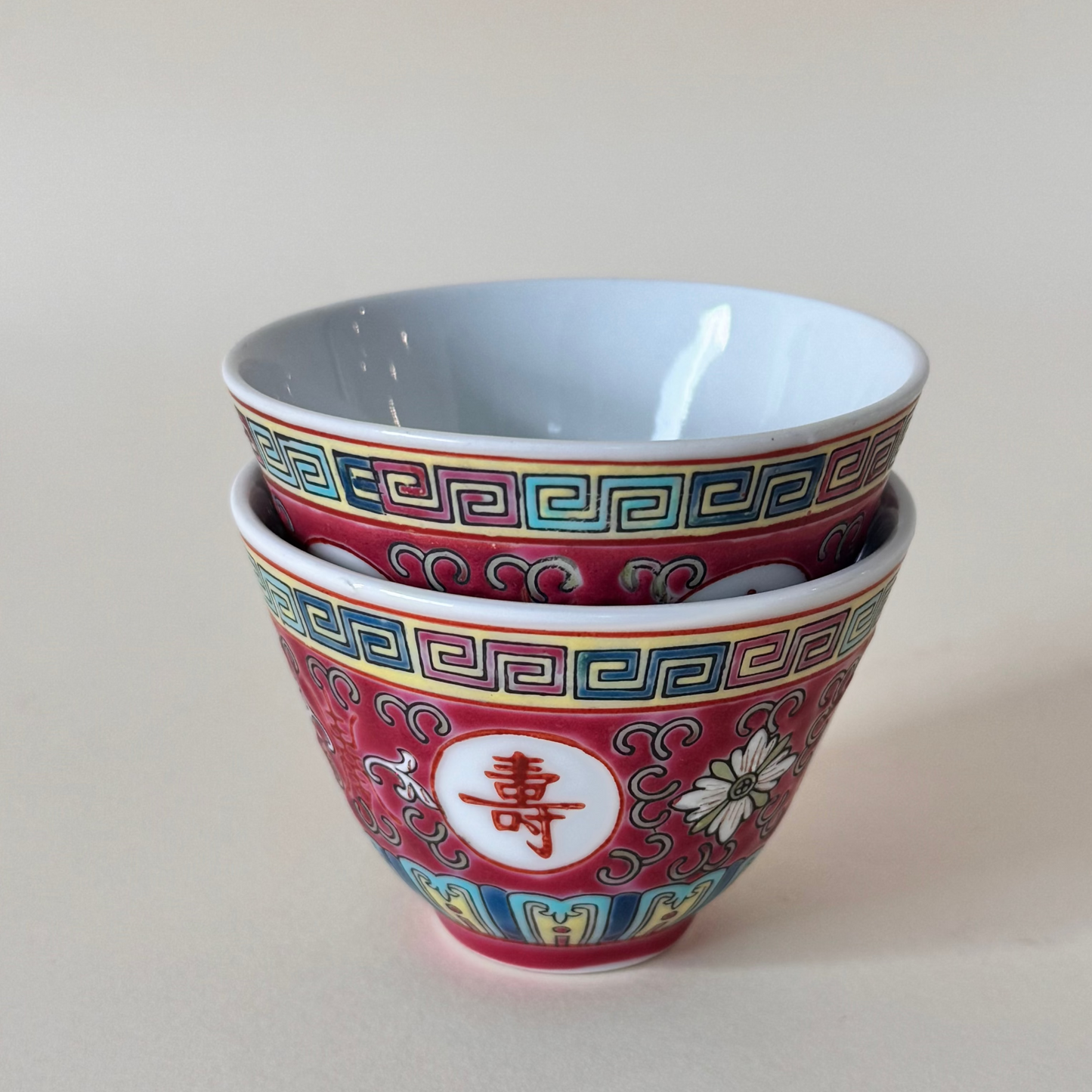 Pair of Vintage Wan Shou Wu Jiang Red Longevity Teacups