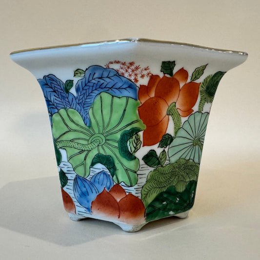 Vintage Lotus Porcelain Planter – Hand-Painted Chinoiserie Floral (6″ × 4.5″)