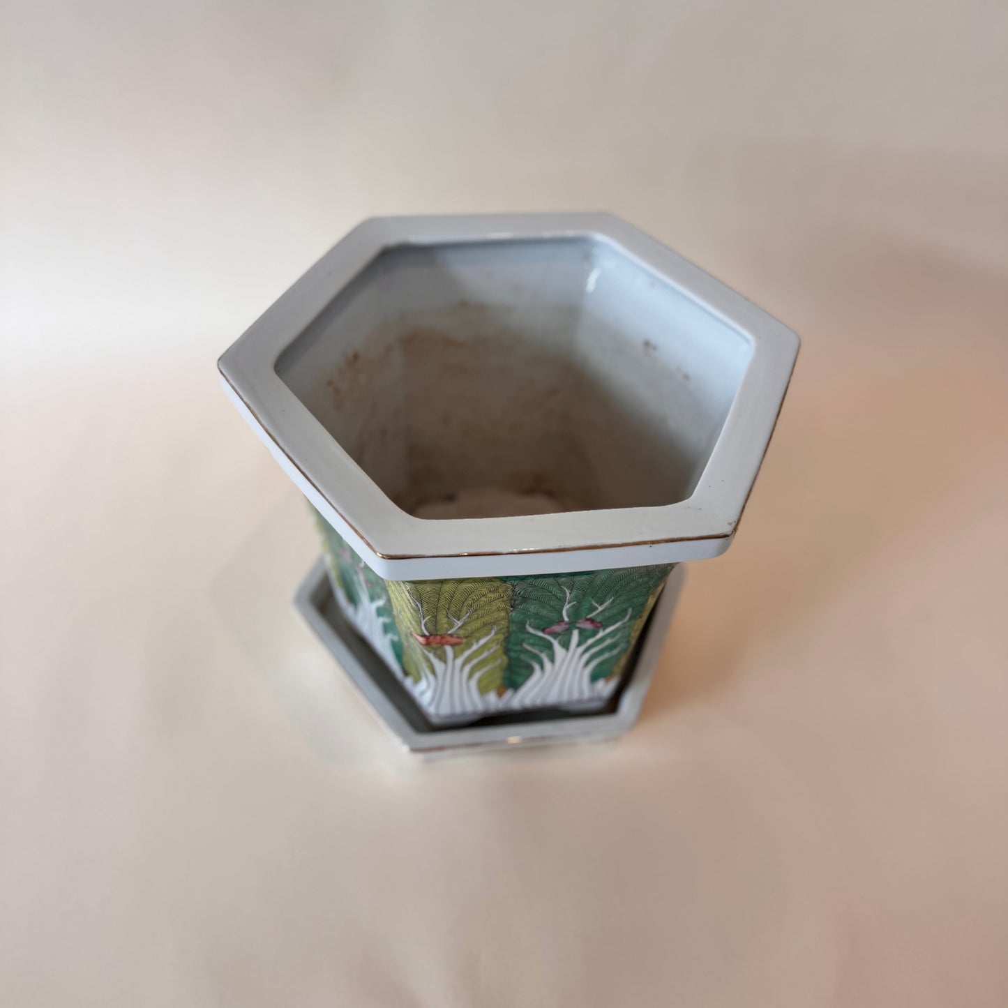Bok Choy Porcelain Planter Japan Decorated in Hong Kong w/ Drip Tray 9x10