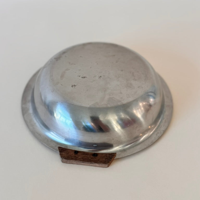 Vintage MCM Stainless Steel Round Dish w/ Teak Handles