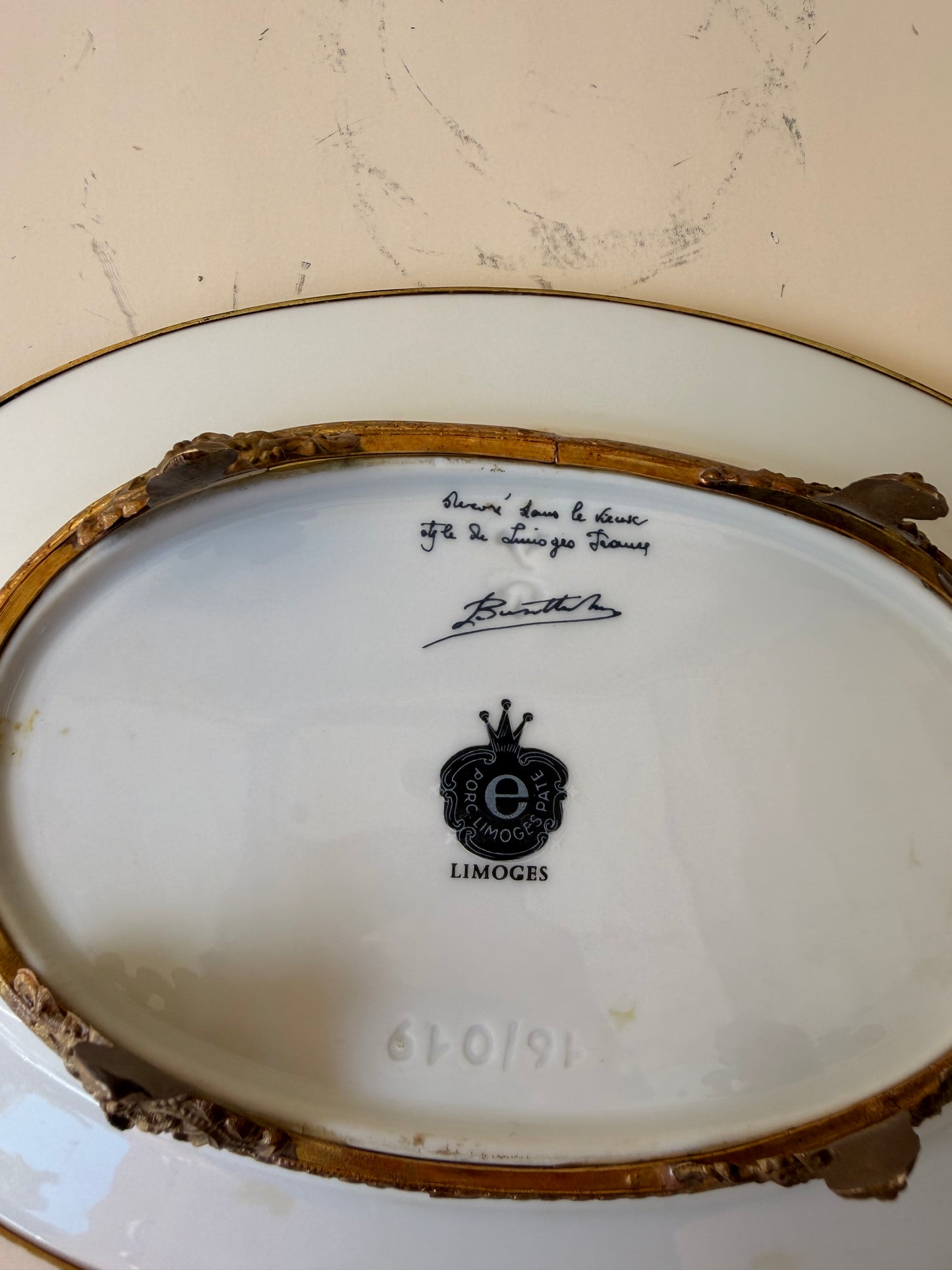 Vintage Limoges Porcelain Footed Dish with Ornate Brass Mount
