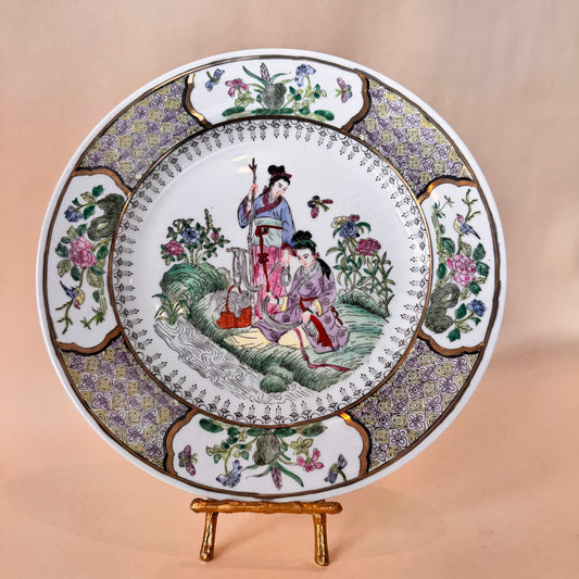 Famille Rose Plate 10.5″ Chinese Porcelain – Hand Painted Court Scene & Peonies