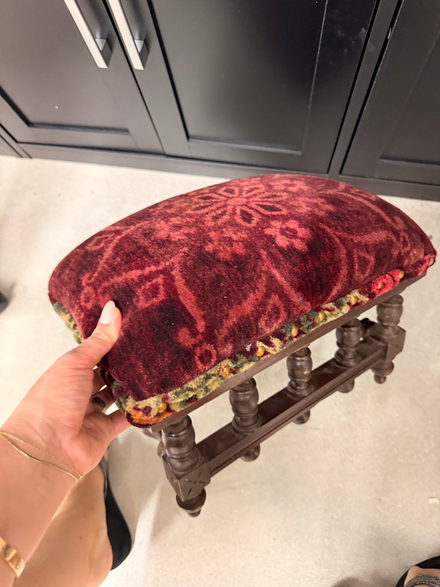Victorian Footstool with Turned Legs, Tapestry Top