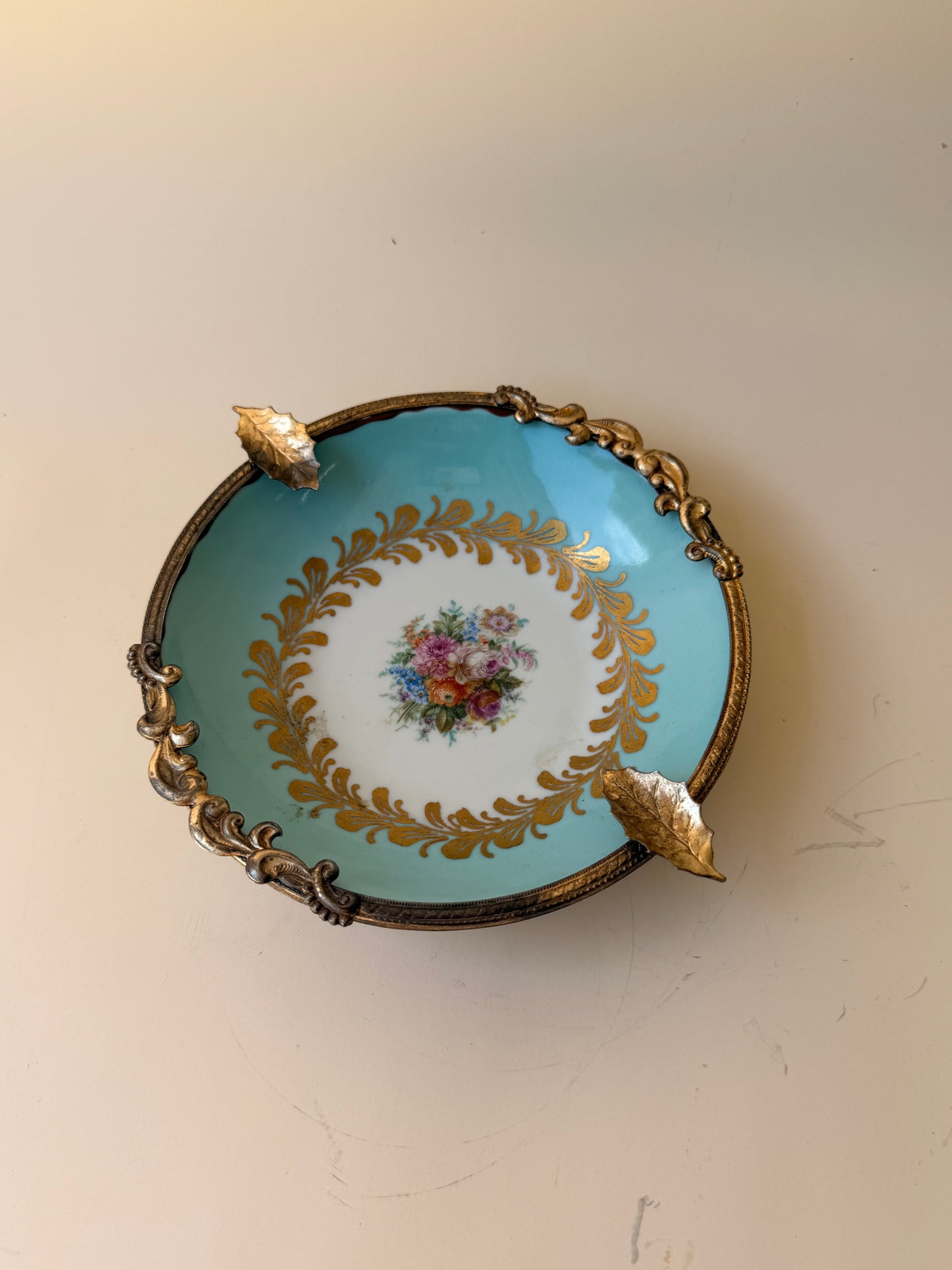 Vintage Limoges Porcelain Ashtray with Brass Leaf Mount