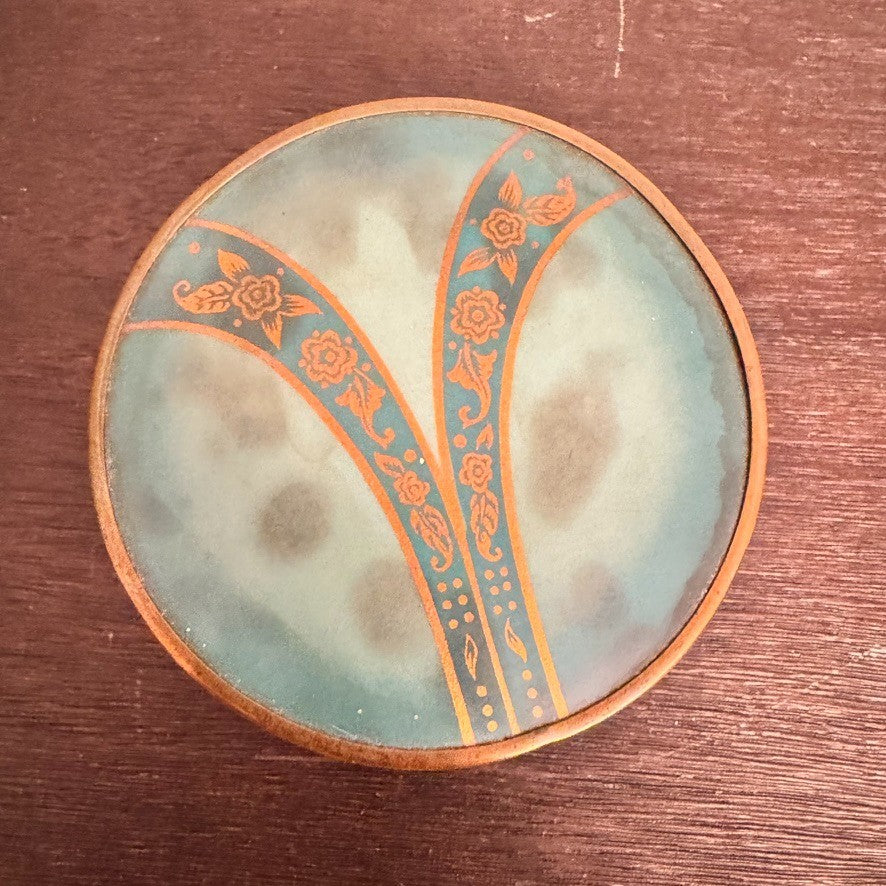 Vintage Art Deco Glass Powder Jar with Enamel Lid – 4” Wide