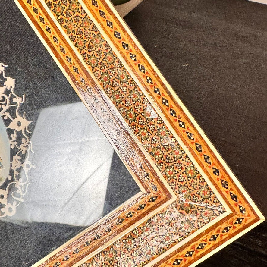 Vintage Persian Miniature Painting in Handcrafted Khatam Wood Inlay Frame