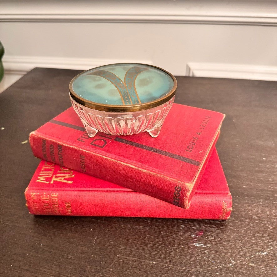 Vintage Art Deco Glass Powder Jar with Enamel Lid – 4” Wide