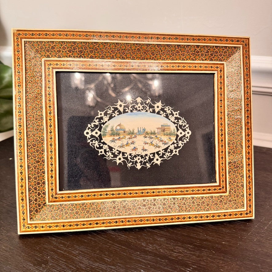 Vintage Persian Miniature Painting in Handcrafted Khatam Wood Inlay Frame