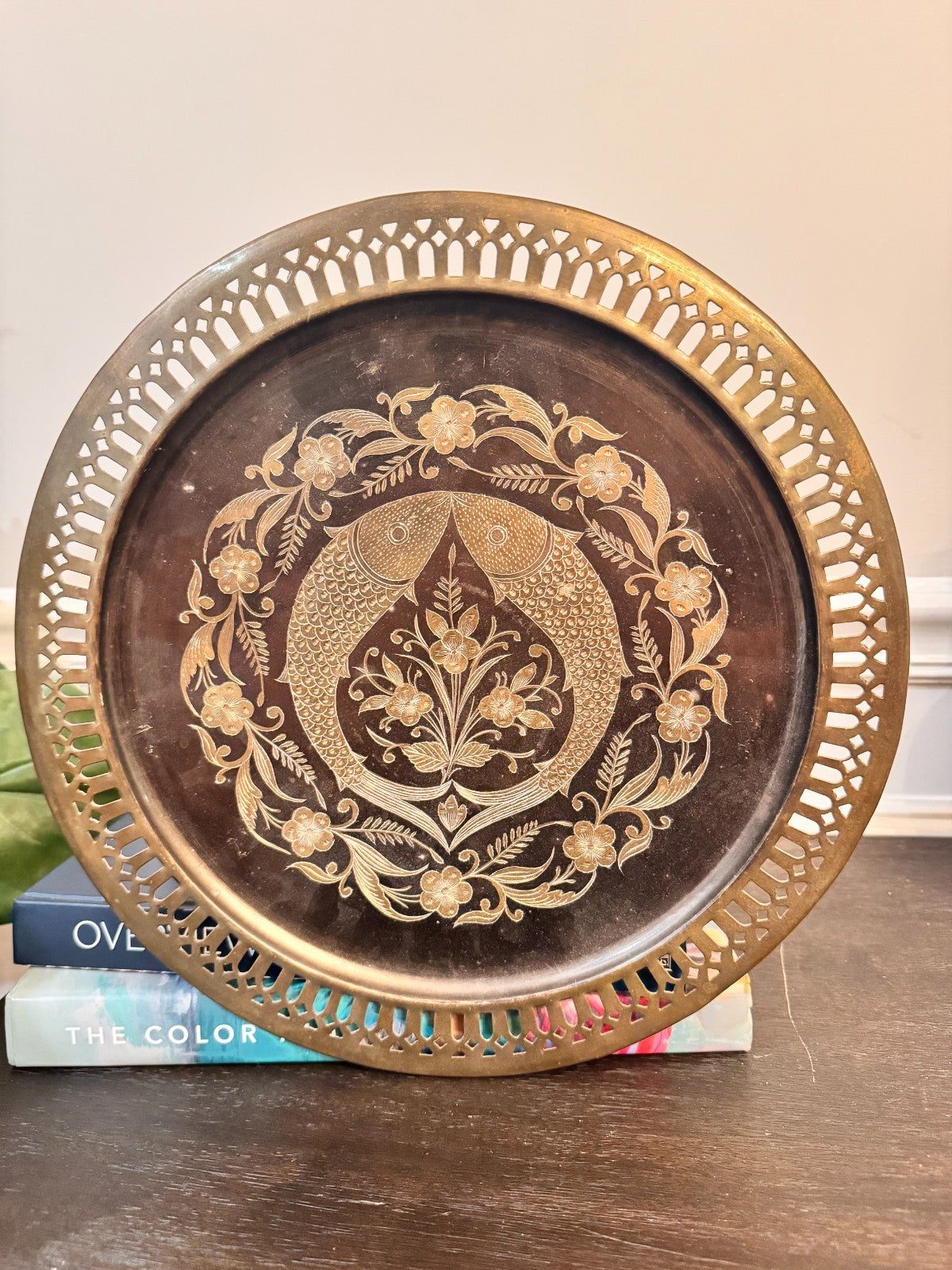 Vintage Etched Brass Wall Plate Tray – Twin Fish & Floral Design, 13" with Hook