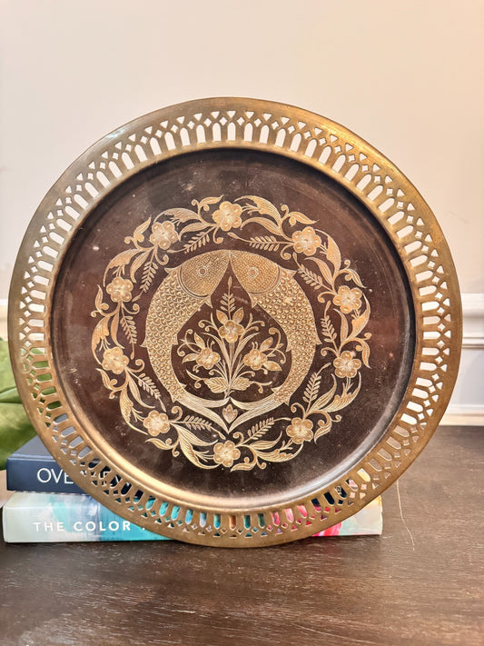 Vintage Etched Brass Wall Plate Tray – Twin Fish & Floral Design, 13" with Hook