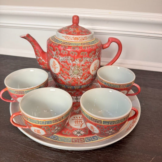 Vintage Wan Shou Wu Jiang Chinese Tea Set – Red Teapot, 4 Cups & Serving Tray