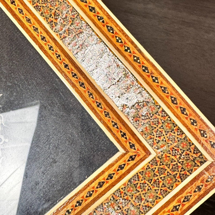 Vintage Persian Miniature Painting in Handcrafted Khatam Wood Inlay Frame