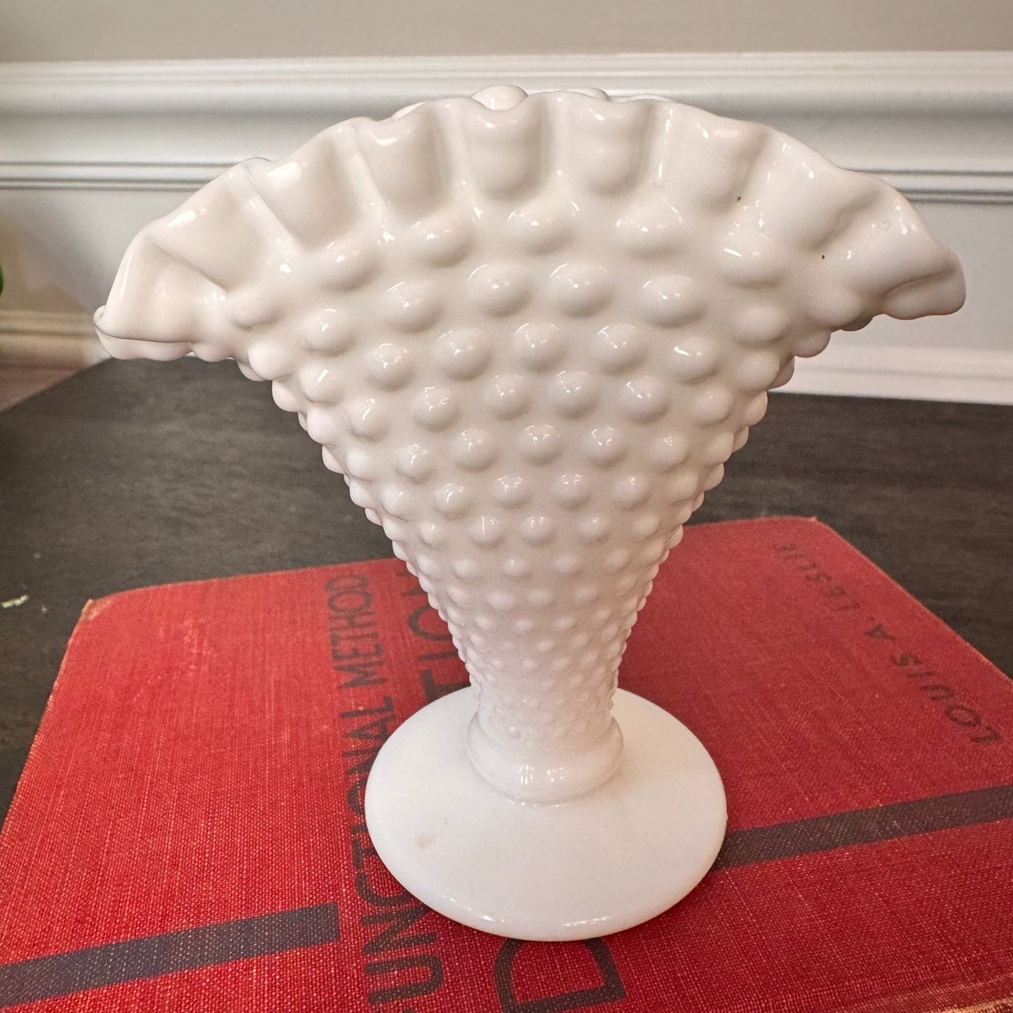 Vintage Fenton Small White Milk Glass Hobnail Fan Vase 4" Ruffled Edge