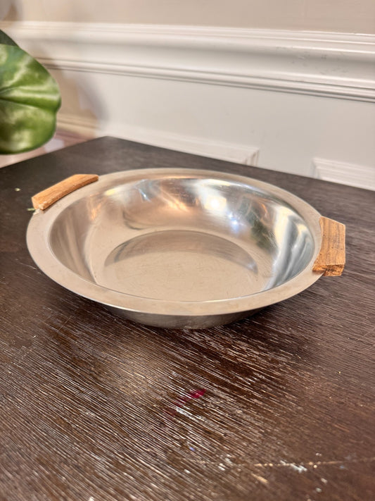 Vintage MCM Stainless Steel Danish Round Serving Tray Teak Handles 8"