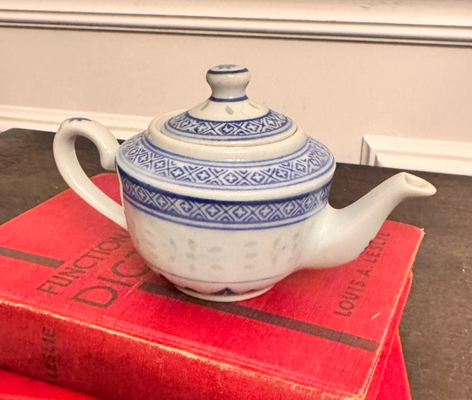 Vintage Chinese Ling Long/Rice Grain Porcelain Teapot – Blue & White – 3” Tall
