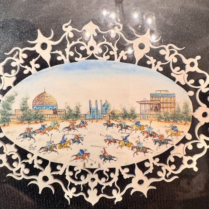 Vintage Persian Miniature Painting in Handcrafted Khatam Wood Inlay Frame