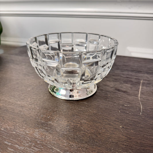 Crystal Footed Bowl with Silver Base – 5.25" Diameter, Geometric Cut