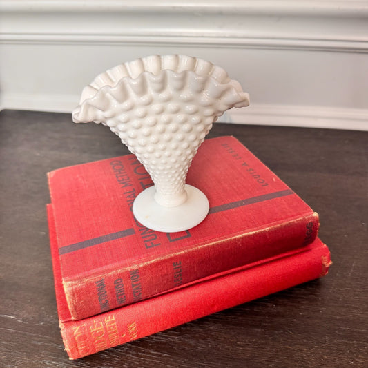 Vintage Fenton Small White Milk Glass Hobnail Fan Vase 4" Ruffled Edge